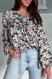 Black Floral Print Lace Up Blouse