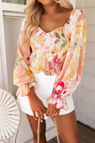 V Neck Bishop Sleeves Floral Smocked Top