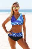 Contrast Color Block Print Wrap V Neck Lace-up Back Bikini