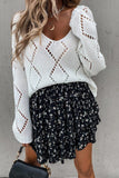 White Hollowed-out V-neck Knitted Sweater