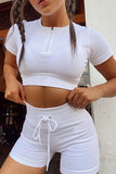 Zipped Ribbed Knit Crop Top and Shorts Sports Wear