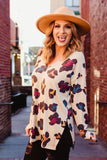Apricot Colorful Leopard Print V Neck Long Sleeve Top with Slits