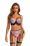 Spaghetti Strap Eyelash Lace Bralette Set with Garter Belt