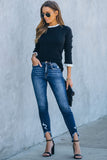 Solid Ruffled Crew Neck Knit Sweater