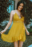 Yellow Lace Splicing Criss Cross Lace-up V Neck Cami Dress