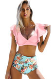 Floral Ruffled Hem High Waist Bikini Set