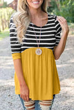 Striped Ruffled Three Quarter Sleeve O-Neck Blouse