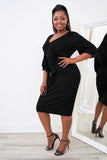Plus Size Puff Sleeve Wrap V Neck Midi Dress