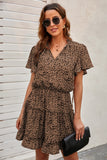 Dotted Print Split Neck Flutter Sleeve Flowy Tunic Mini Dress