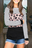Striped Leopard Color Block Splicing Long Sleeve Top