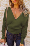 Sexy V Neck Surplice Hollow-out Sweater with Lace Sleeves