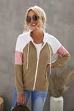 Khaki Color Block Zip Up Kangaroo Pocket Drawstring Hoodie