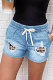 Distressed Leopard Patchwork Denim Shorts