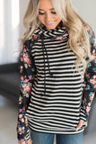 Striped Floral Print Long Sleeve Zipper Hoodie