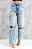 Distressed Hollow-out Knees Wide Leg Jeans