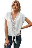 V Neck Lace Patchwork Tee with Knot