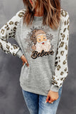 Believe Santa Clause Graphic Leopard Sleeve Top