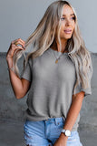 Buttons Short Sleeve Crew Neck Waffle Knit Top