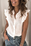 Sleeveless Button Closure Ruffled Linen Shirt