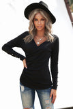 V Neck Ribbed Textured Pleated Top with Buttoned Long Sleeves