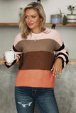 Brown Crew Neck Color Block Oversized Pullover Knit Sweater