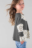 Black Kids Waffle Knit Leopard Patchwork Top