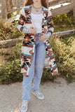 color Geometric Color Block Open Front Long Cardigan