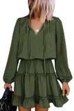 Army Green V Neck Long Sleeve Ruffle Tiered Mini Dress