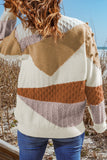 Khaki Colorblock Patchwork Pom Pom Knit Sweater