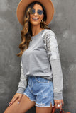 Gray Round Neck Raglan Sleeve Camo Striped Patchwork Top