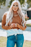 Brown V Neck Ribbed Knit Long Sleeve Top