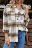 Khaki Plaid Print Pocket Buttoned Shacket