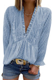 Swiss Dot Long Deep V Neck Pleated Sleeve Top