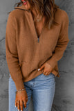 Brown Half Zip Ribbed Knit Pocketed Sweater