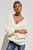 Beige Wrap V Neck Lantern Sleeve Textured Sweater