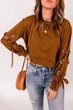 Brown Grommet Ribbon Tied Long Sleeve Crop Top