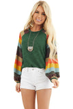 Multicolor Striped Balloon Sleeves Green Knit Top