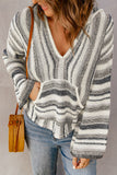 color Striped Knit Kangaroo Pocket Hooded Sweater