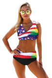 Contrast Color Block Print Wrap V Neck Lace-up Back Bikini