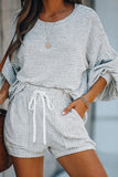 Balloon Sleeve Striped Cotton Blend Top & Drawstring Shorts Set