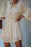 Beige Swiss Dot Buttoned Drawstring Long Puff Sleeve Shirt Dress