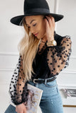 Black Lace Contrast V Neck Puffy Sleeve Blouse