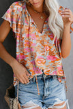 color Split V Neck Flutter Sleeve Flower Blouse