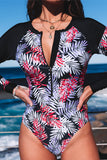 Leaves Print Zip-up Long Sleeve Surf Rash Guard Swimwear