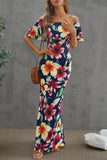 Turquoise Roses Print Off-the-shoulder Maxi Dress