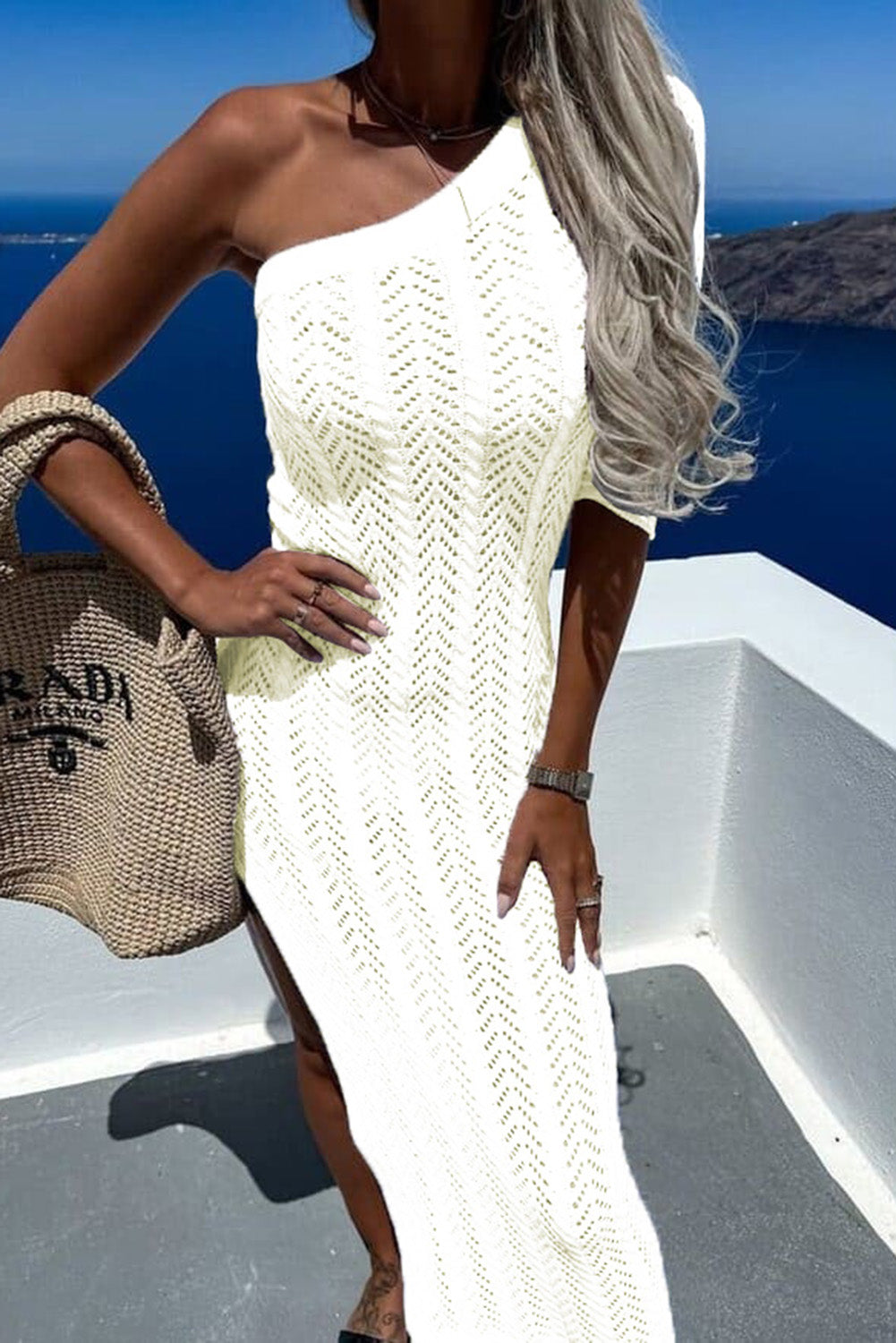 Chevron Hollowed Knit One Shoulder Beach Dress