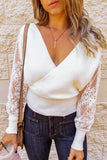 Sexy V Neck Surplice Hollow-out Sweater with Lace Sleeves