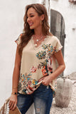 Apricot Floral Scalloped V Neck Short Sleeves Top