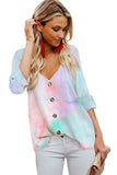 V-neck Long Sleeve Tie-dye Blouse With Buttons Closure