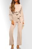 Apricot Boat Neck Bubble Sleeve Straight Legs Jumpsuit with Belt Tie